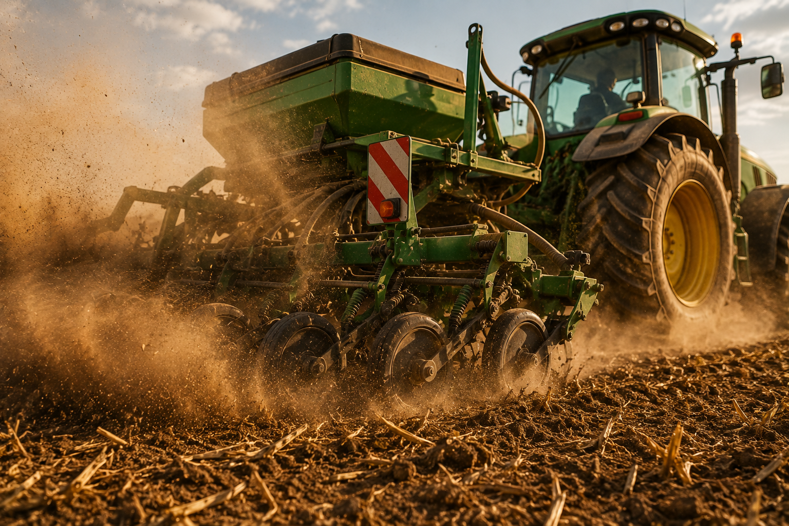 Tractor operating in a dusty field
