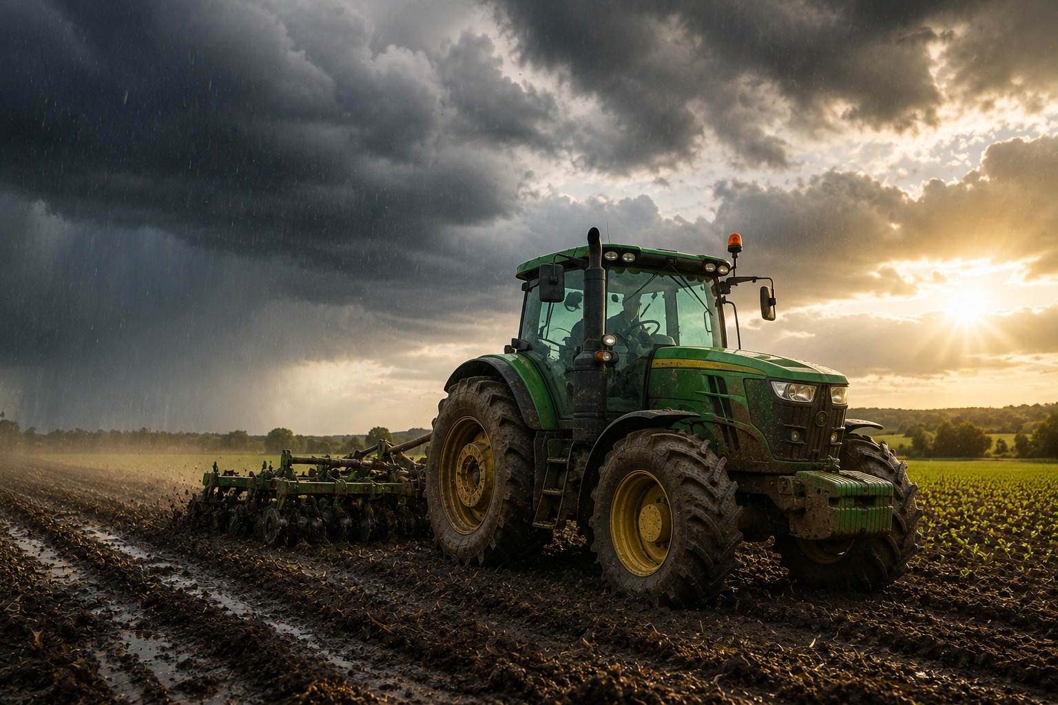 Farm machinery operating in changing weather