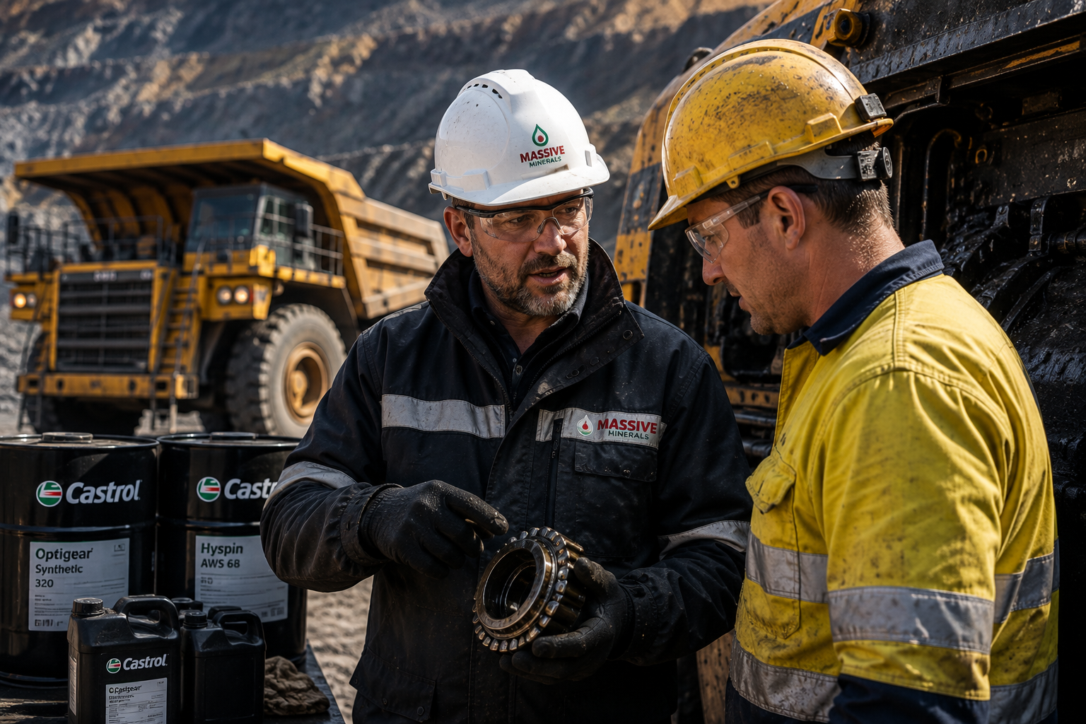 Mining maintenance specialists reviewing lubricant requirements